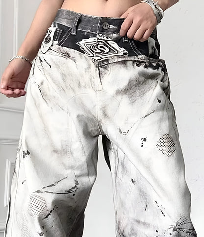 White Washed Pattern High Waist Unisex Baggy Trousers