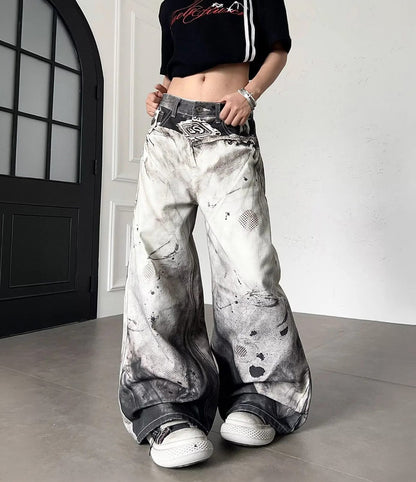 White Washed Pattern High Waist Unisex Baggy Trousers