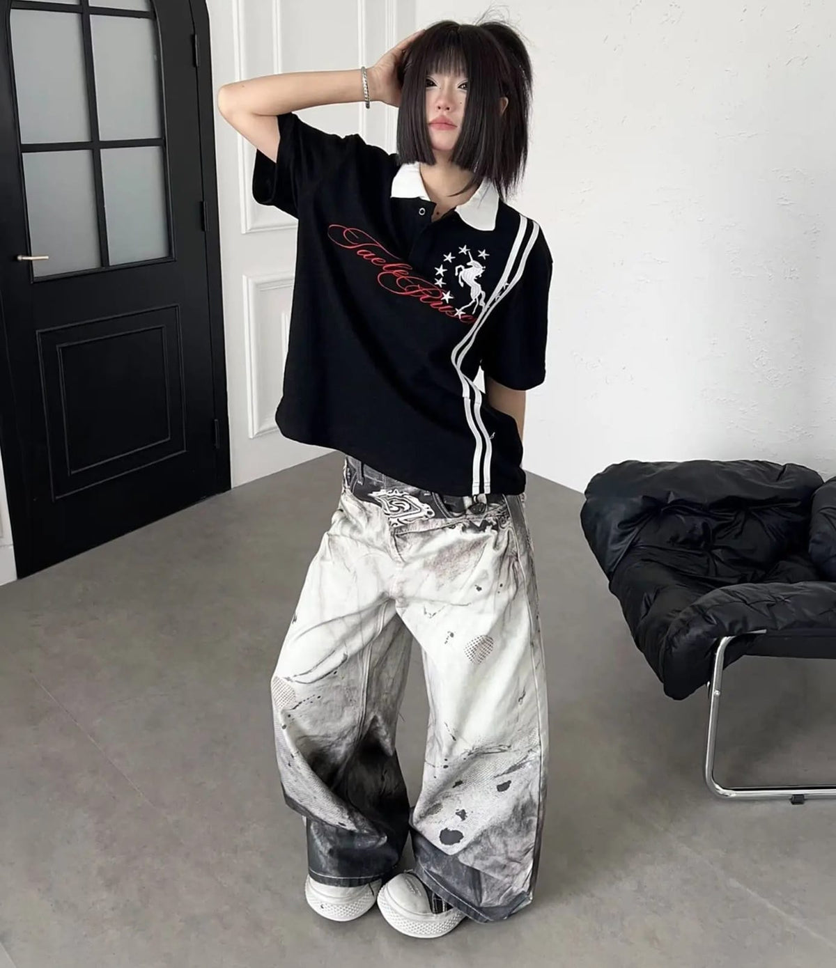 White Washed Pattern High Waist Unisex Baggy Trousers