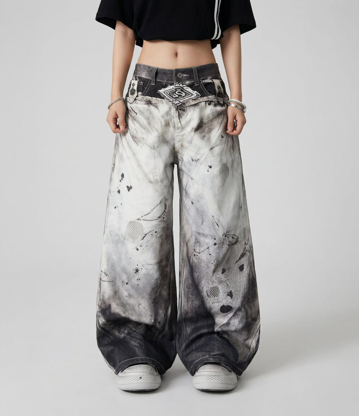 White Washed / S White Washed Pattern High Waist Unisex Baggy Trousers