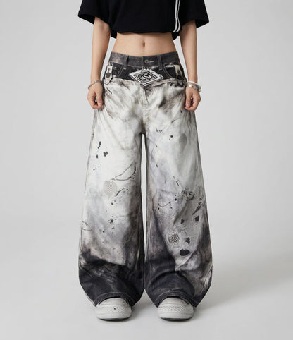White Washed / S White Washed Pattern High Waist Unisex Baggy Trousers