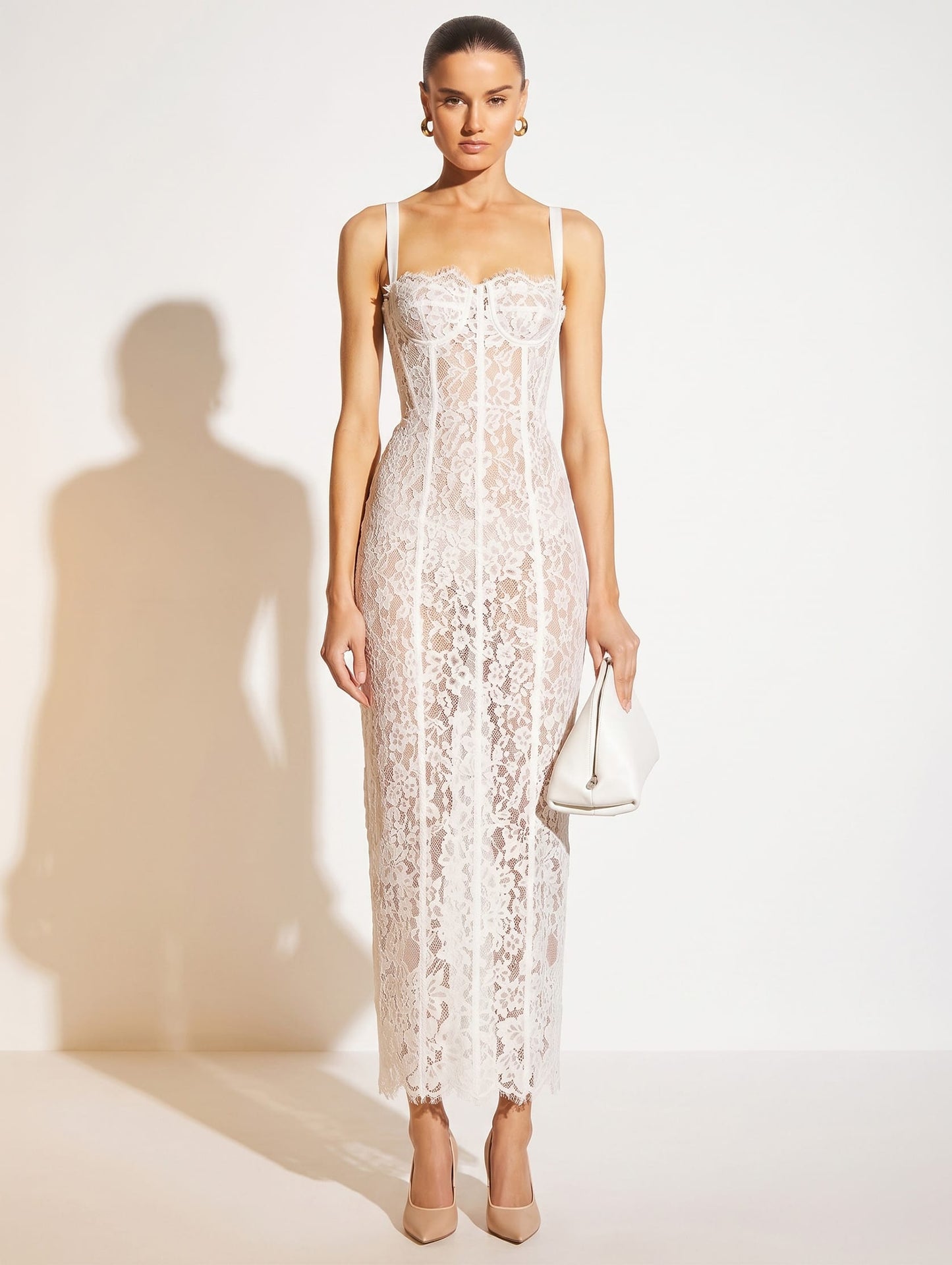 White / XS Floral Lace Spaghetti Strap Long Dress