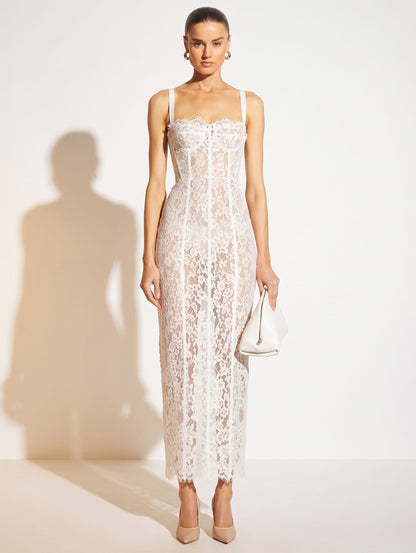 White / XS Floral Lace Spaghetti Strap Long Dress