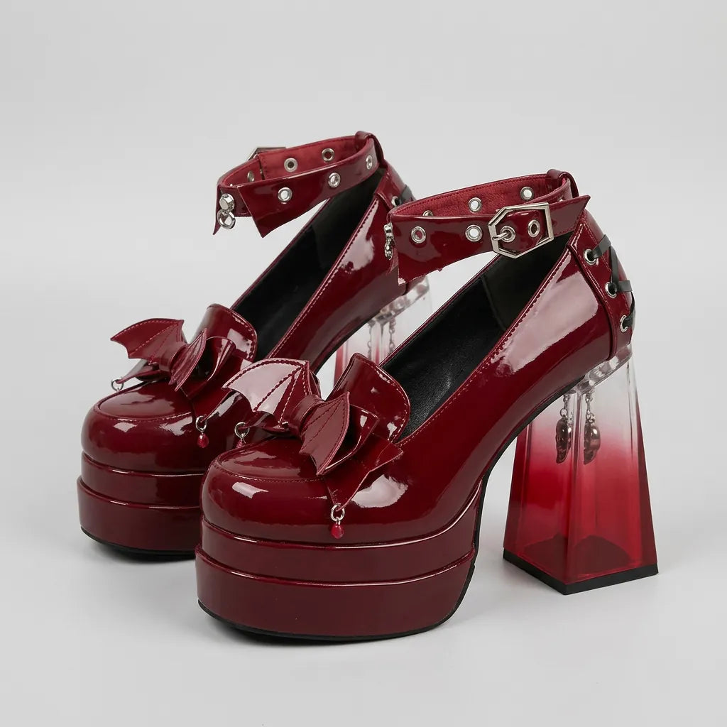 Wine Red / 35 Original Ladies Elegant Paltform Pump Shoes High Heels Round Head Thick Heel Rivets Waterproof Table Women's Leather Shoes