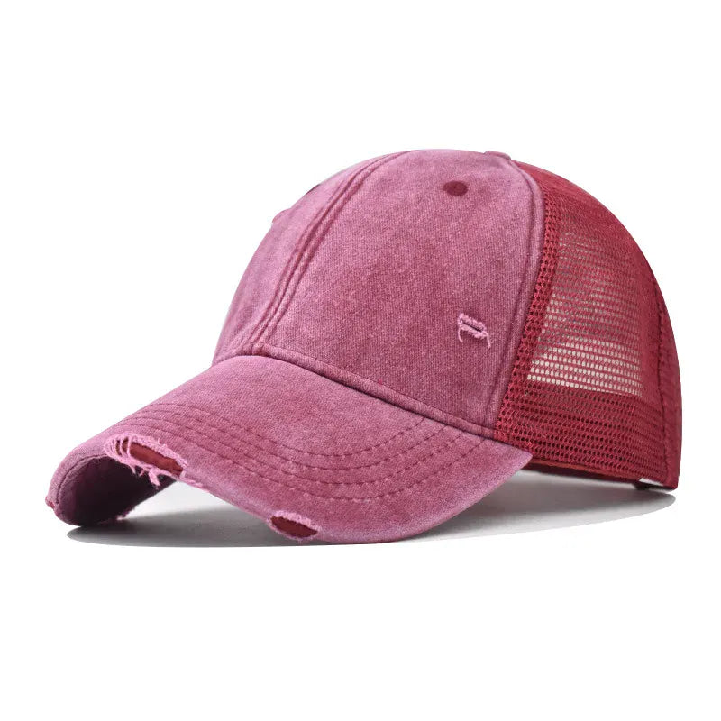 Wine Red Washed Cotton Mesh Breathable Baseball Cap / Old Ripped Caps Men and Women