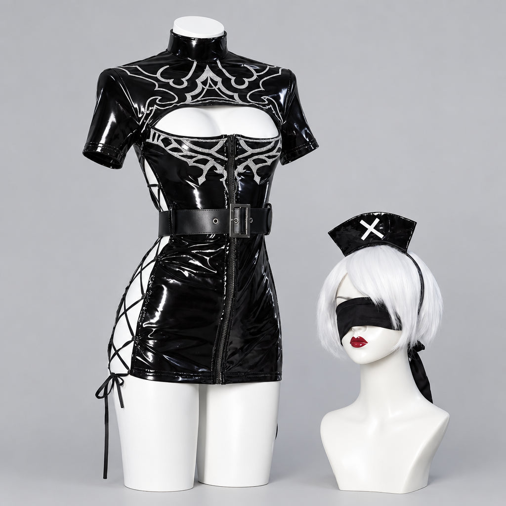 with gloves socks / M / China Mainland NieR:Automata 2B Cosplay Costume Women Sexy Leather Black Nurse Dress Gothic Nurse Uniform Suit Halloween Carnival Party Clothes