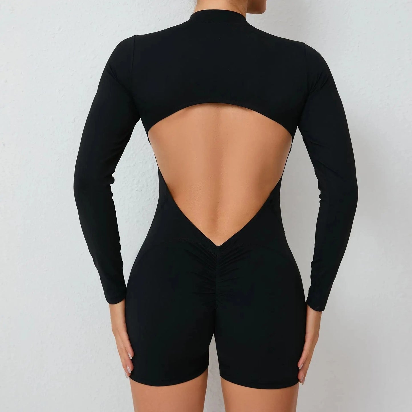 Women Backless Open Black Jumpsuit with Shorts / Gym One Piece Suit with Short / Bodycon (Comet)