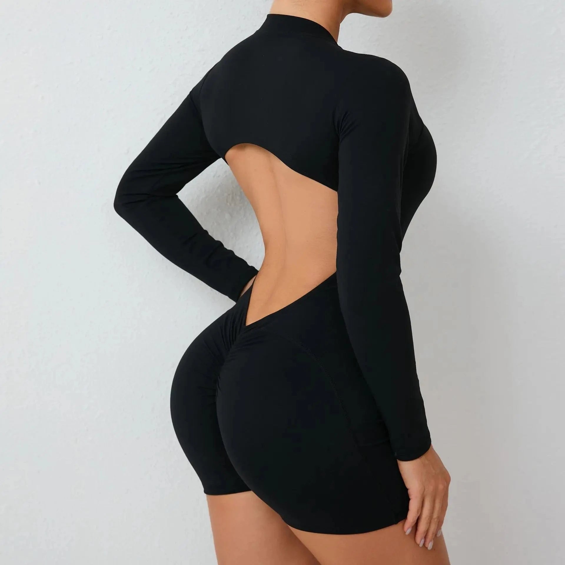 Women Backless Open Black Jumpsuit with Shorts / Gym One Piece Suit with Short / Bodycon (Comet)