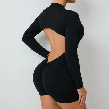 Women Backless Open Black Jumpsuit with Shorts / Gym One Piece Suit with Short / Bodycon (Comet)