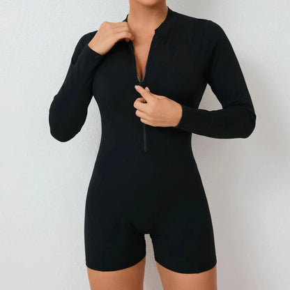 Women Backless Open Black Jumpsuit with Shorts / Gym One Piece Suit with Short / Bodycon (Comet)