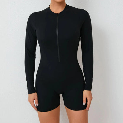 Women Backless Open Black Jumpsuit with Shorts / Gym One Piece Suit with Short / Bodycon (Comet)