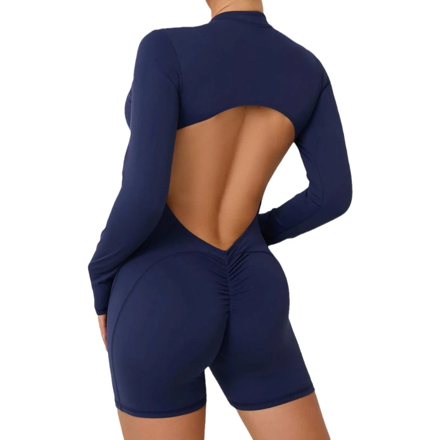 Women Backless Open Black Jumpsuit with Shorts / Gym One Piece Suit with Short / Bodycon (Comet)