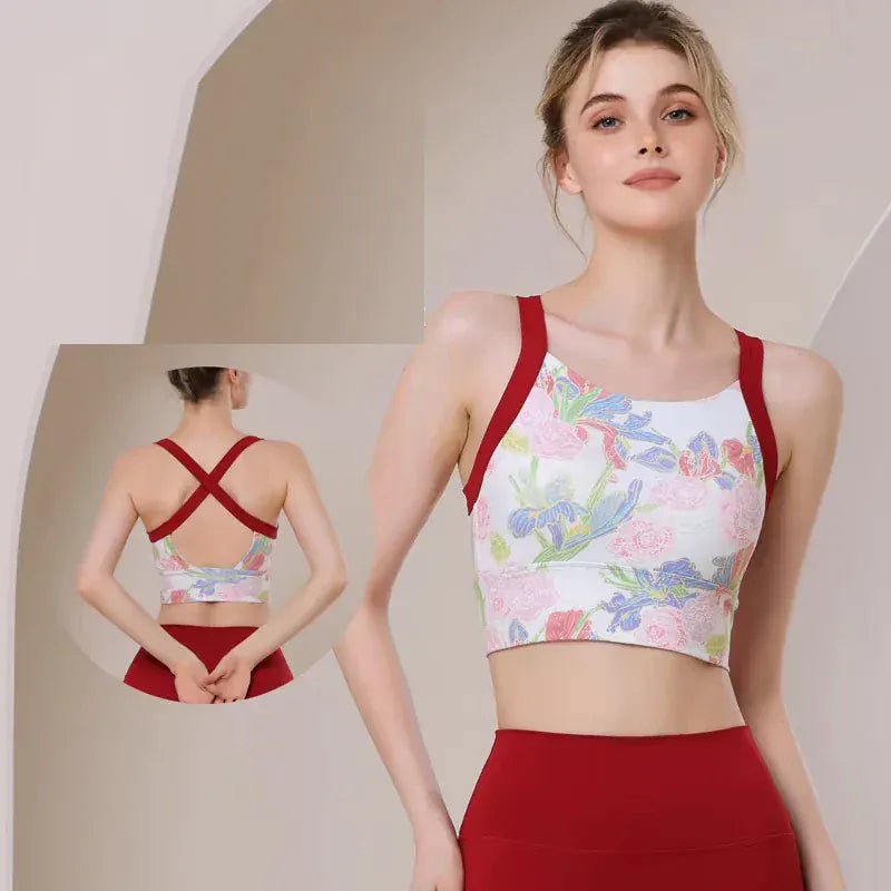 Women Cross Strap Nature Pattern Sports Bra/ Yoga Gym Crop Top