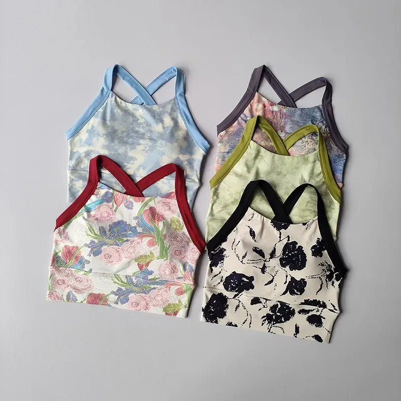 Women Cross Strap Nature Pattern Sports Bra/ Yoga Gym Crop Top