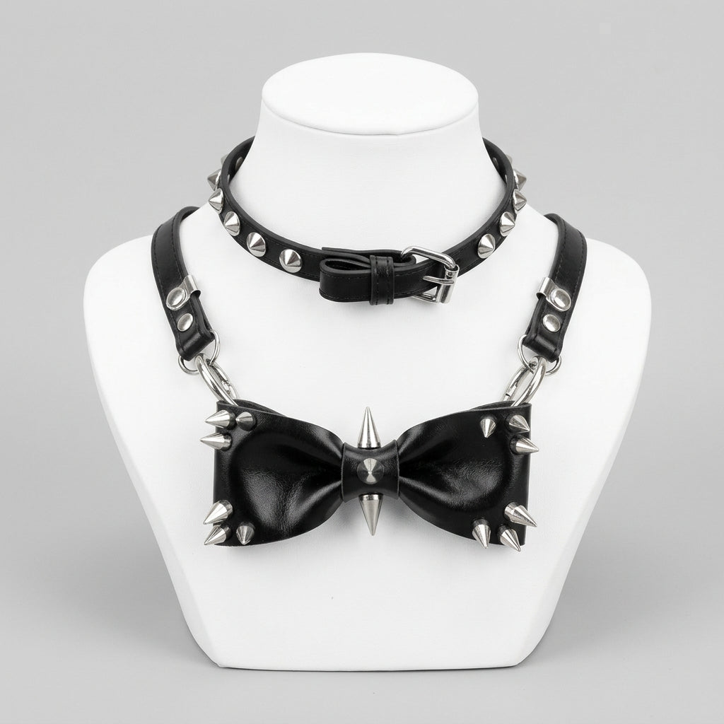 Women Personality Y2K punk Harajuku Cool Gothic Lolita Necklace Halloween PU rivet bow cosplay Party Chokers Choker Tie hairpin