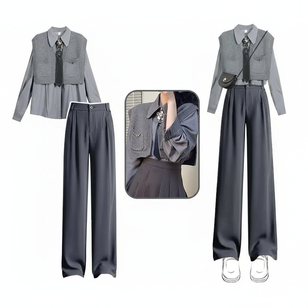 Women's 2025 Spring New Chic Long Sleeved Shirt+Vest+Casual Pants Three Piece Korean Elegant Casual Matching Set Female Suit