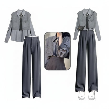 Women's 2025 Spring New Chic Long Sleeved Shirt+Vest+Casual Pants Three Piece Korean Elegant Casual Matching Set Female Suit