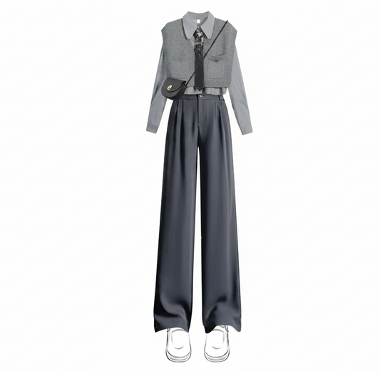 Women's 2025 Spring New Chic Long Sleeved Shirt+Vest+Casual Pants Three Piece Korean Elegant Casual Matching Set Female Suit