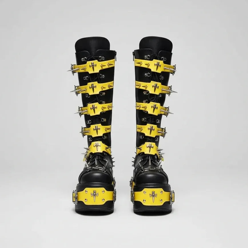 Women's Rivet Buckle Platform Boots/ Round Toe Cross Tied Leather Boots