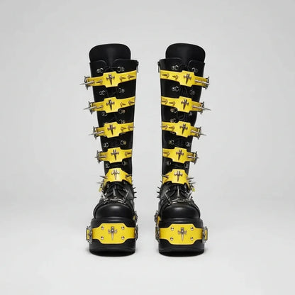 Women's Rivet Buckle Platform Boots/ Round Toe Cross Tied Leather Boots