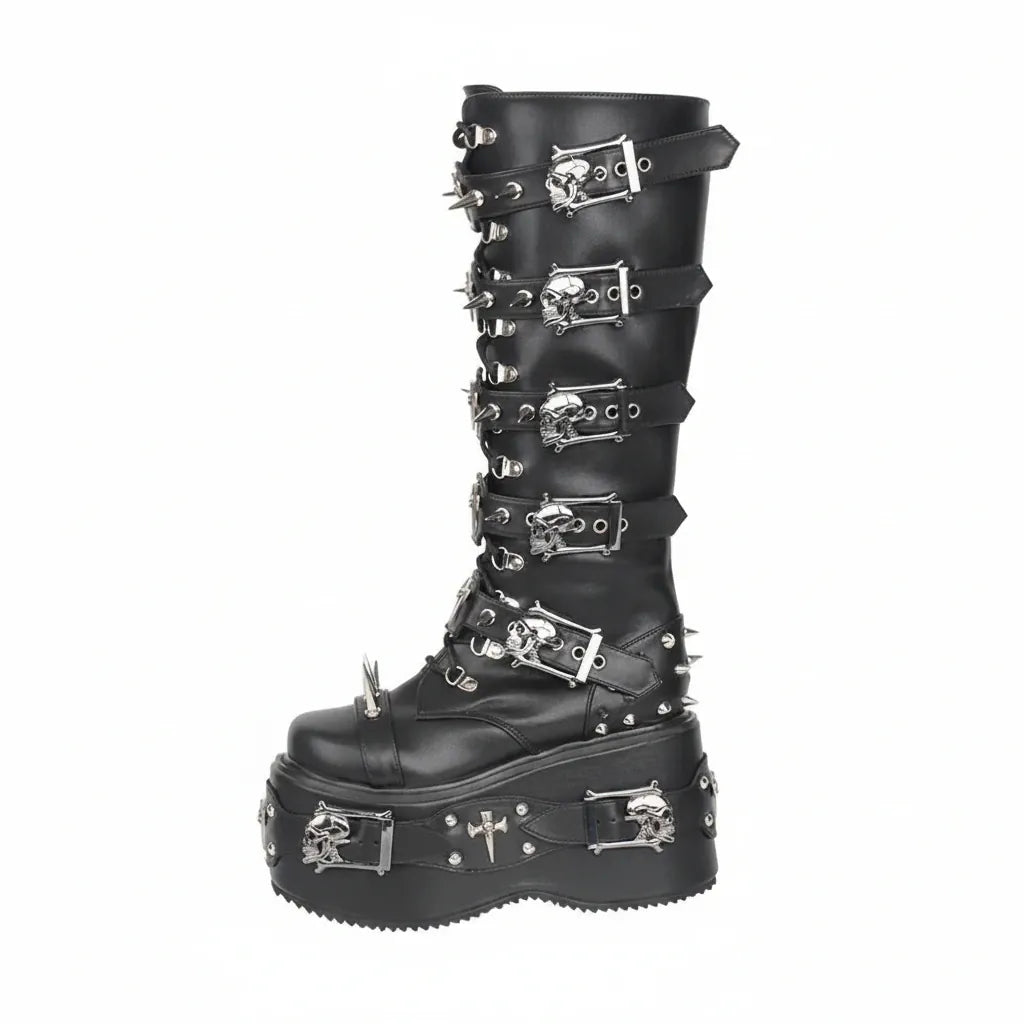 Women's Rivet Buckle Platform Boots/ Round Toe Cross Tied Leather Boots