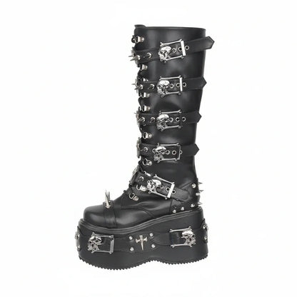 Women's Rivet Buckle Platform Boots/ Round Toe Cross Tied Leather Boots