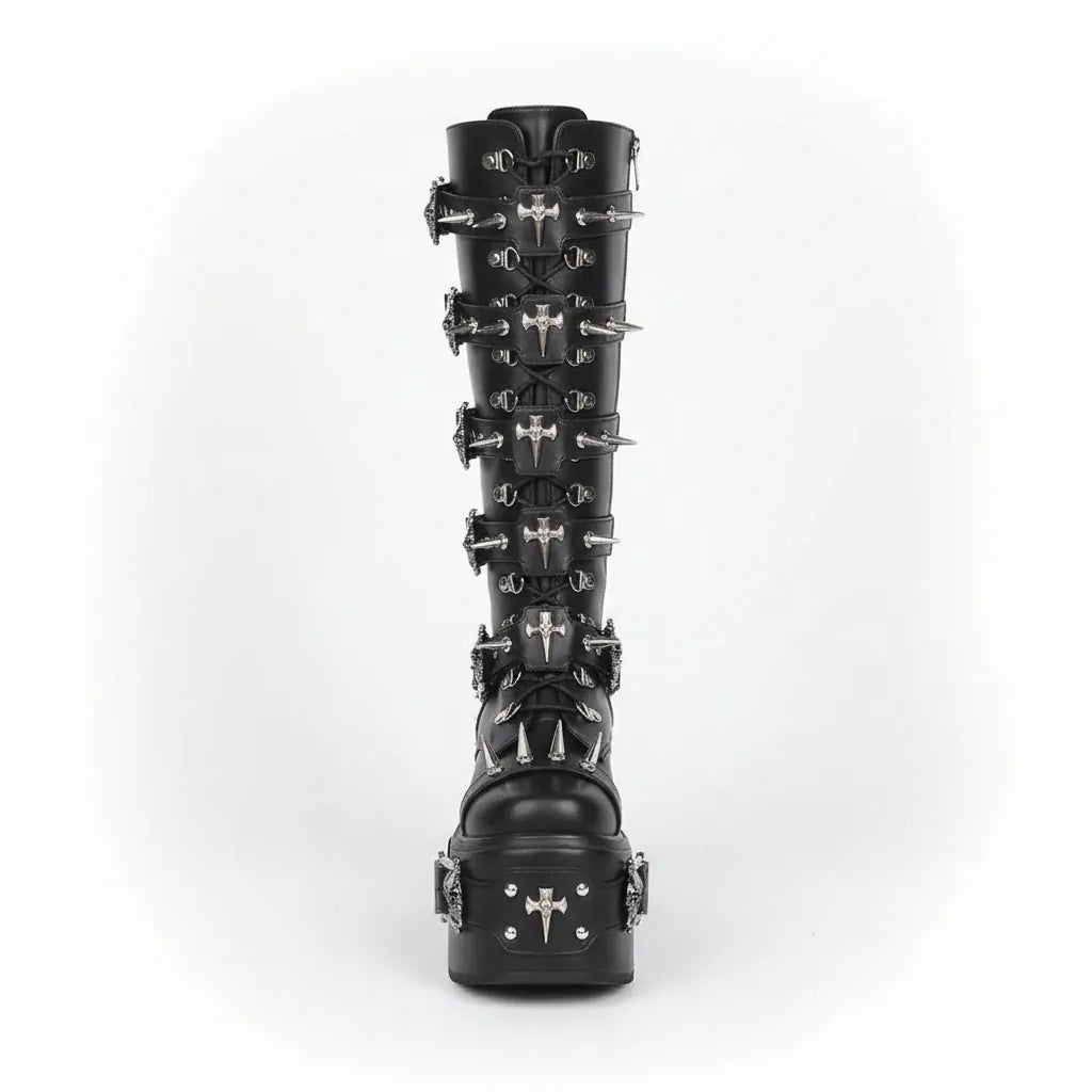 Women's Rivet Buckle Platform Boots/ Round Toe Cross Tied Leather Boots