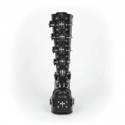 Women's Rivet Buckle Platform Boots/ Round Toe Cross Tied Leather Boots
