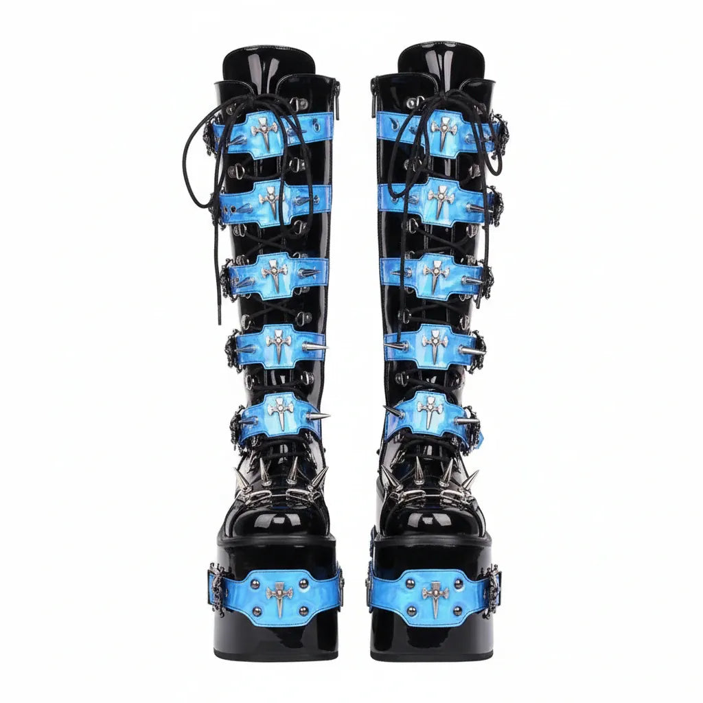Women's Rivet Buckle Platform Boots/ Round Toe Cross Tied Leather Boots
