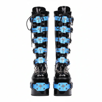 Women's Rivet Buckle Platform Boots/ Round Toe Cross Tied Leather Boots