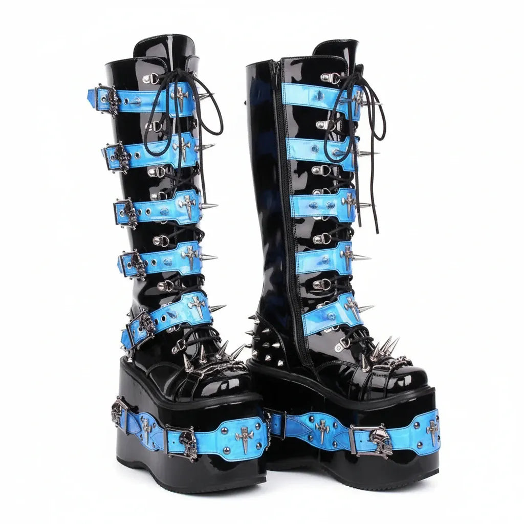 Women's Rivet Buckle Platform Boots/ Round Toe Cross Tied Leather Boots