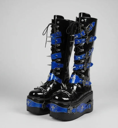 Women's Rivet Buckle Platform Boots/ Round Toe Cross Tied Leather Boots
