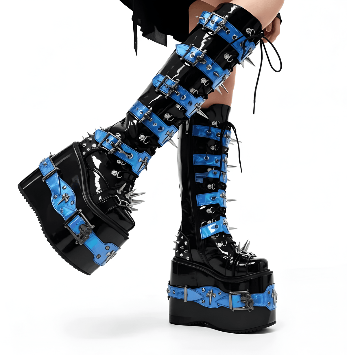 Women's Rivet Buckle Platform Boots/ Round Toe Cross Tied Leather Boots