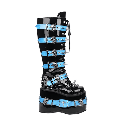 Women's Rivet Buckle Platform Boots/ Round Toe Cross Tied Leather Boots