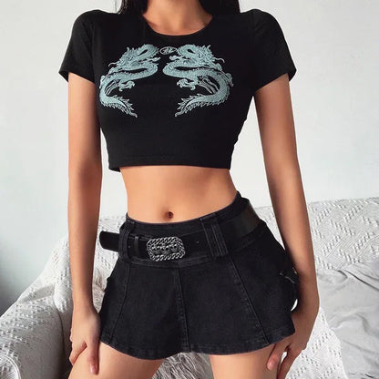 Women Short Sleeve Dragon Print T-shirt