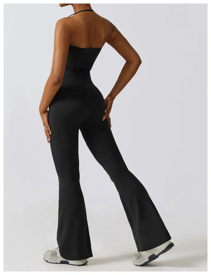 Women Sleeveless Yoga Jumpsuit/ Gym Flared Overalls (Victorious SynthWave)
