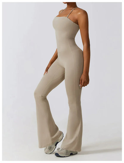 Women Sleeveless Yoga Jumpsuit/ Gym Flared Overalls (Victorious SynthWave)