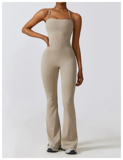 Women Sleeveless Yoga Jumpsuit/ Gym Flared Overalls (Victorious SynthWave)