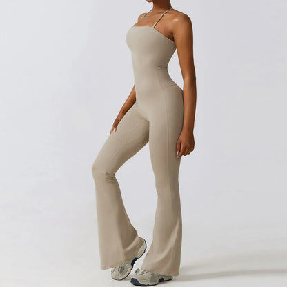 Women Sleeveless Yoga Jumpsuit/ Gym Flared Overalls (Victorious SynthWave)