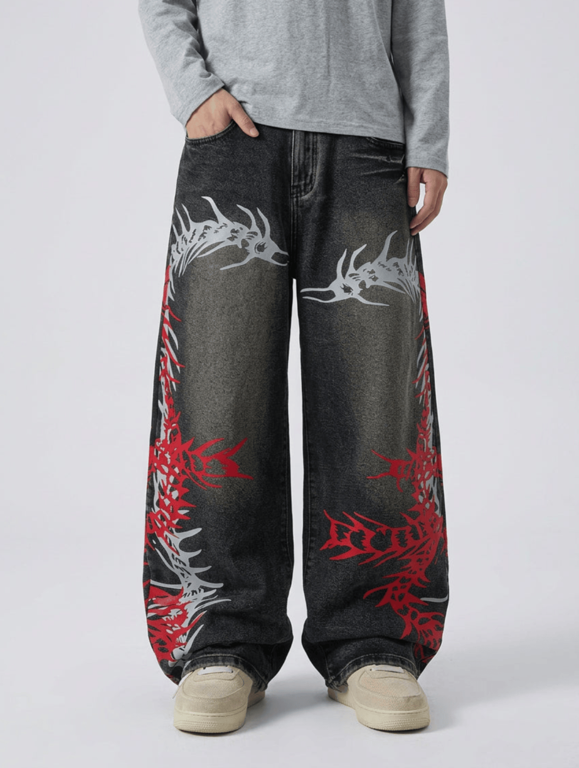 XS Baggy Wide Leg Jeans, Vintage Wash Dragon Skeleton Denim Pants