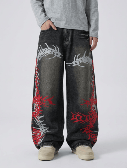 XS Baggy Wide Leg Jeans, Vintage Wash Dragon Skeleton Denim Pants