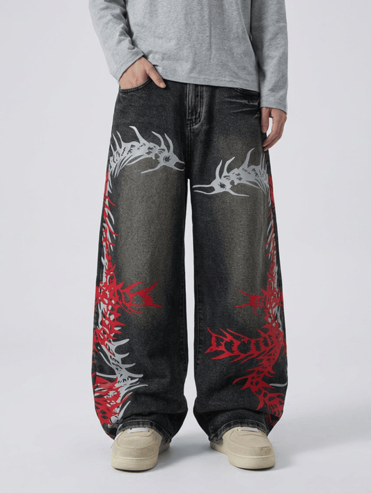 XS Baggy Wide Leg Jeans, Vintage Wash Dragon Skeleton Denim Pants