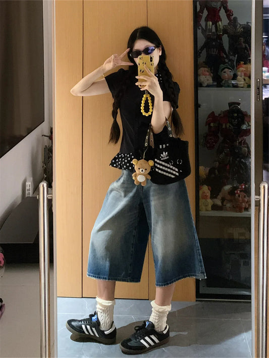 XS / Vintage blue Victorious American Deep Blue Wide Leg Seven-Foot Denim - Korean Fashion