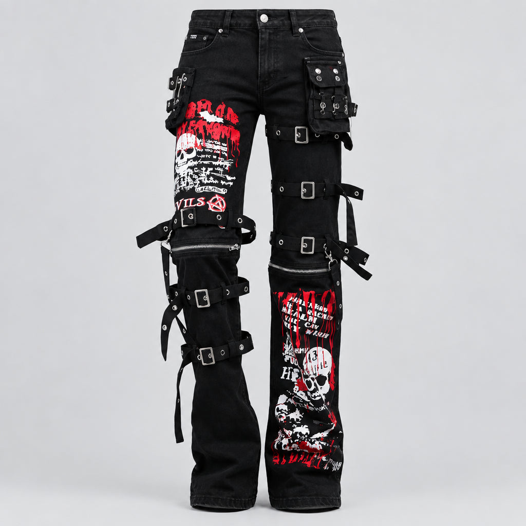 Y2k Jeans Pants Men Men's Jeans Punk Retro Skull Pattern Skeleton Gothic kill Matt Rock Printing Graffiti Straight Pants Neutral