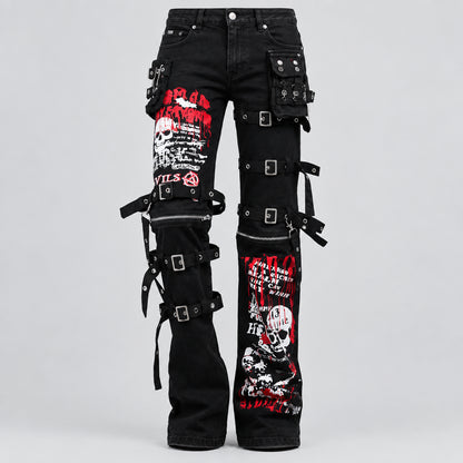 Y2k Jeans Pants Men Men's Jeans Punk Retro Skull Pattern Skeleton Gothic kill Matt Rock Printing Graffiti Straight Pants Neutral