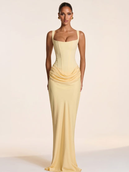 Yellow Long Dress / S Square Low Neck Prom Dress/ Solid Pleated Sling Dress