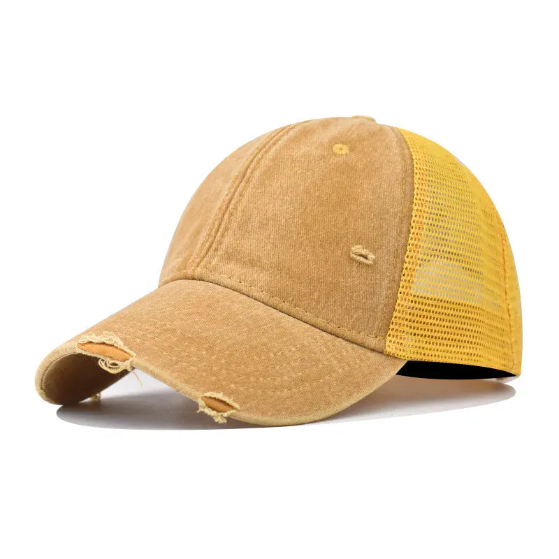 Yellow Washed Cotton Mesh Breathable Baseball Cap / Old Ripped Caps Men and Women
