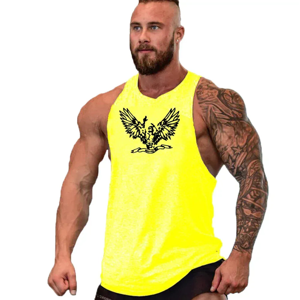 yellow19 / S Workout Gym Tank Top /Mens Muscle Sleeveless Sportswear Shirt / Bodybuilding